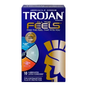 Trojan All The Feels variety pack of latex condoms with Classic, Thin, and Full Pleasure Feel condoms, America's #1 condom brand trusted for over 100 years.