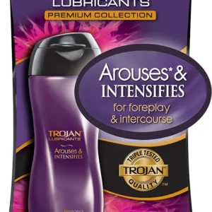 This image shows a 2-pack of Trojan Arouses & Intensifies personal lubricant, each bottle containing 3 ounces.