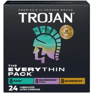 Trojan Bareskin variety pack of 24 lubricated, thin condoms, offering comfort, enhanced sensation, and protection against pregnancy and STIs with premium latex and a special reservoir end.