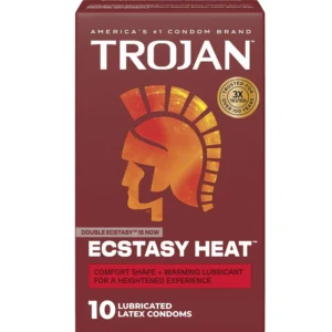 Box of ten TROJAN Double Ecstasy condoms, featuring UltraSmooth lubricant for enhanced pleasure and premium latex for protection.