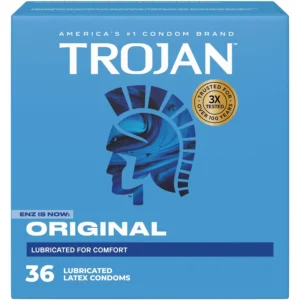 A 36-count value pack of TROJAN ENZ lubricated latex condoms, designed for comfort, sensitivity, and reliable protection against unintended pregnancy and STIs.
