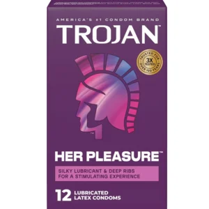 A box of Trojan Her Pleasure Sensations condoms, designed to increase her stimulation and provide contraception and STI protection.