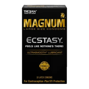 A ten-count package of Trojan Magnum Ecstasy Ultrasmooth Lubricant.