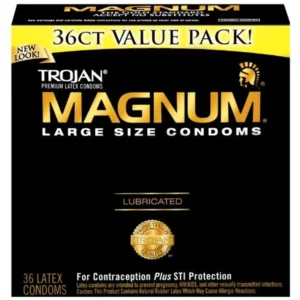 Trojan Magnum large lubricated condoms for enhanced comfort and protection, a larger than standard latex condom option.