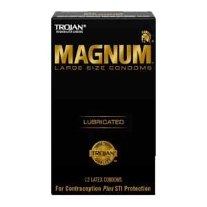 A box of 12 Trojan Magnum large size condoms, designed for comfort and protection with a special reservoir end and silky smooth lubricant.