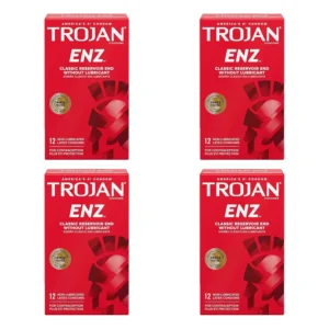 Four packs of Trojan Enz non-lubricated latex condoms with reservoir tip for extra safety and protection against pregnancy and STIs.