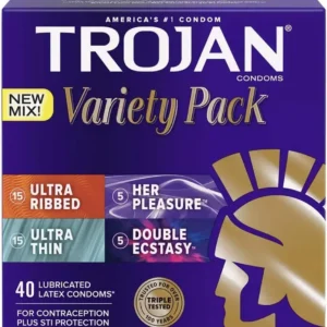 This is a 40-count pack of Trojan Pleasure Pack condoms featuring Fire & Ice lubricant and various textures including ribbed and ultra-thin for enhanced stimulation and a natural feeling.