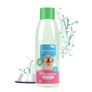 TropiClean Fresh Breath puppy dental water additive helps clean teeth, reduce plaque and tartar, and freshen breath for comprehensive dog oral care.