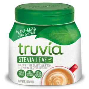 A 9.8 ounce container of Truvia natural sweetener, made from the stevia leaf, offering a zero-calorie alternative to sugar for sweetening food and drinks.