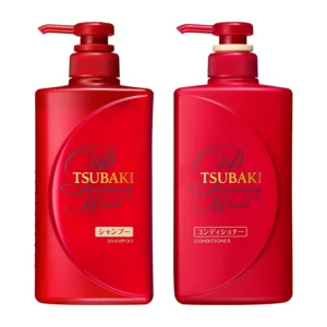Floral scented Tsubaki shampoo and conditioner set in gel form, designed to repair damaged hair without alcohol.