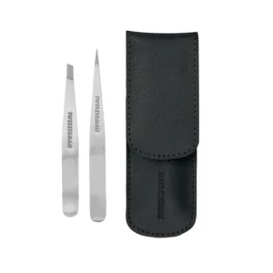 This Tweezerman Petite Tweeze Set includes a slant and point tweezer in a black leather case, perfect for brow grooming at home or while traveling.