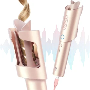 The TYMO cordless automatic curling iron in Gold Blush creates effortless beach waves with its one-inch rotating wand, perfect for travel and quick touch-ups.