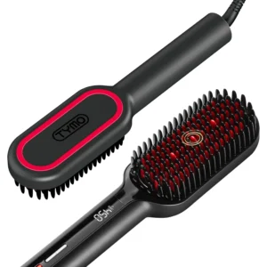 TYMO hair straightening brush with dense bristles for long, thick, and curly hair, offering 16 temperature settings and ionic technology.