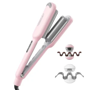 The TYMO ROVY pink hair waver creates long-lasting, voluminous beach waves quickly and safely thanks to its anti-scald design and tourmaline ceramic barrel.