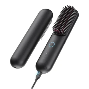 The TYMO Porta PRO cordless hair straightening brush, a mini ionic hot comb perfect for on-the-go styling and travel.