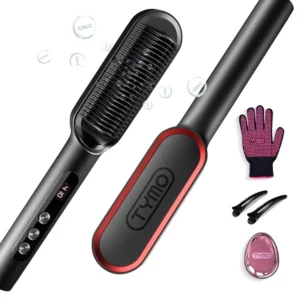 TYMO RING Plus hair straightening brush with nano-titanium coating quickly smooths and shines hair with ionic technology and adjustable temperature settings.