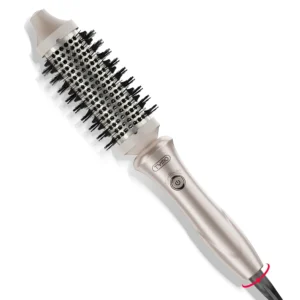 Gold 1.5 inch TYMO STYLUX thermal brush creates voluminous blowouts, straightens hair, and curls, featuring Flexi-Fit bristles and adjustable temperature for all hair types.
