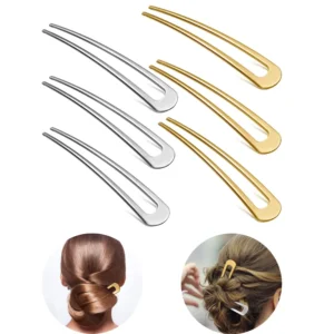 This image shows six U-shaped metal hair clips in gold and silver, perfect for creating elegant buns and hairstyles for women and girls.