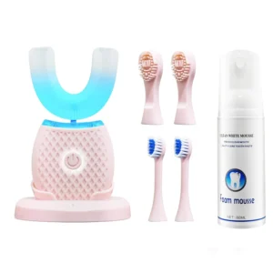 Pink U-shaped electric toothbrush with LED light, wireless charging base and four brush heads, providing hands-free 360-degree ultrasonic cleaning for adults.