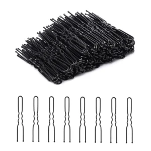This image shows a collection of black U-shaped hair pins designed for creating buns, updos, and various hairstyles, offering a secure and discreet hold with smooth tips for comfortable wear.