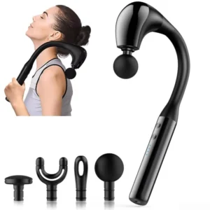 This U-shaped massage gun with an extended handle targets hard-to-reach areas for deep tissue massage and pain relief in the back, neck, shoulders, and legs.