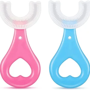 This U-shaped toothbrush for kids offers 360-degree cleaning with its soft silicone brush head, designed for toddlers to easily and effectively brush their teeth.