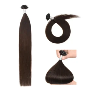 Fifty strands of medium brown, 40cm long, U-tip Remy human hair extensions featuring keratin bonds, ready to be applied for added length and volume.