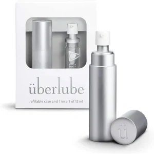 Silver Überlube Good-to-Go travel case with a 15ml refill, providing a convenient and discreet way to carry your favorite lubricant.