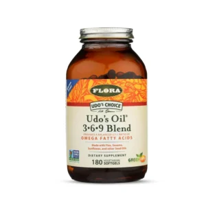 Flora Udo's Choice 3-6-9 oil blend capsules in a recyclable amber glass bottle, providing omega-3 and omega-6 essential fatty acids from organic, unrefined seed oils.