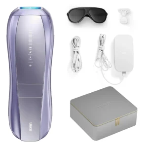 Ulike Air 10 IPL hair removal device in purple with ice-cooling technology and skin sensor for safe, nearly painless, and effective hair reduction on women and men.