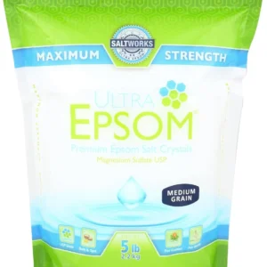 Five pound bag of unscented Ultra Epsom Salt for relaxing baths, muscle soaks, and natural body scrubs to relieve muscle pain and draw out toxins.