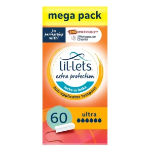 Six packs of Lil-Lets SmartFit ultra tampons without applicator for extremely heavy flow days, offering comfortable, discreet, and plastic-free protection.