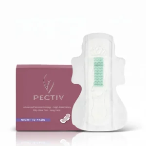 PECTIV ultra-thin night sanitary pad designed for heavy flow with four wings and side guards.