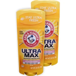 Two pack of ARM & HAMMER Ultramax Invisible Solid Powder Fresh Antiperspirant & Deodorant, 2.6 oz each, providing all-day protection with a baby powder scent and hints of creamy vanilla and musk.