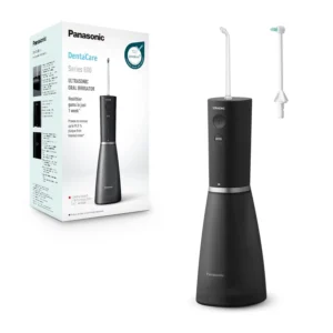 Panasonic cordless oral irrigator with ultrasonic technology removes plaque and food debris, featuring adjustable water pressure and specialized nozzles for orthodontic care.