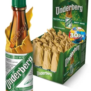 Underberg herbal bitters 30-pack, individual bottles in straw paper wrapping, a natural digestive aid from Rheinberg.