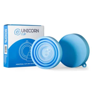Blue Unicorn Cup foldable menstrual cup with sterilizing carry case, made of super soft medical grade silicone, offering up to 12 hours of leak-free protection.