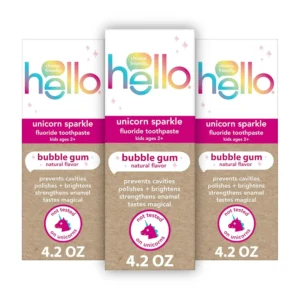 Three tubes of hello Unicorn Sparkle fluoride toothpaste for kids with natural bubble gum flavor help prevent cavities and polish young smiles.