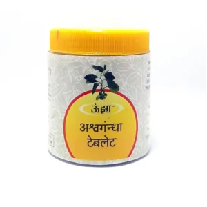 Bottle of Unjha Ashwagandha tablets, a classical Ayurvedic medicine for debility, fatigue, and premature aging.