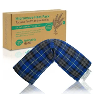 This unscented, royal blue tartan wheat bag is filled with English wheat and designed to be microwaved for heat therapy and pain relief.