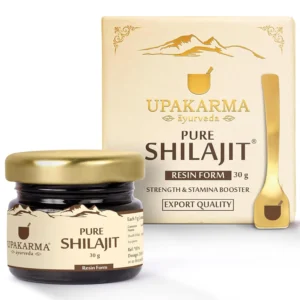 Upakarma Ayurveda pure shilajit resin, a potent source of fulvic acid and trace minerals, supports overall health, post-workout recovery, and improved sleep.