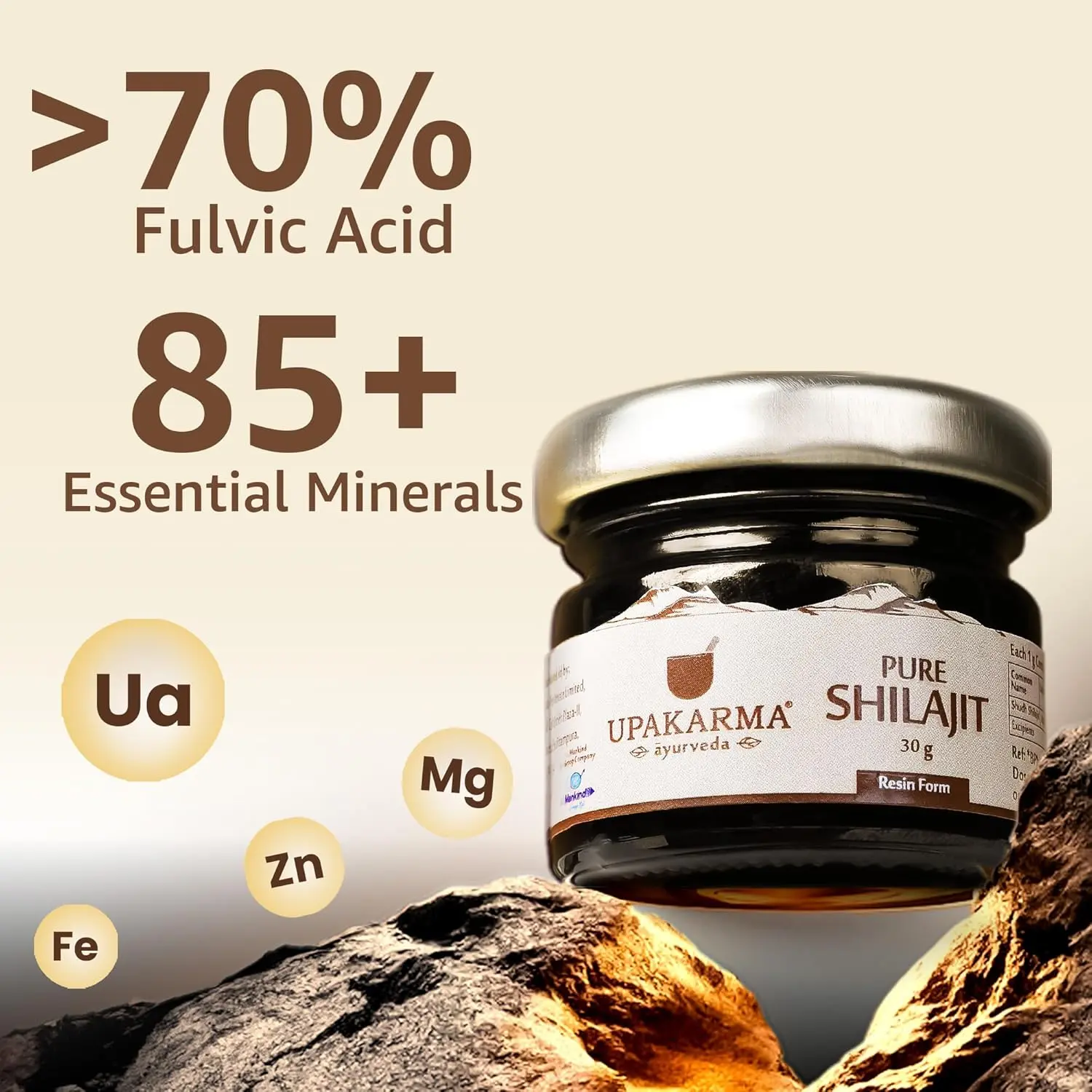 Upakarma Ayurveda pure shilajit resin, a potent source of fulvic acid and trace minerals, supports overall health, post-workout recovery, and improved sleep.