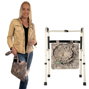 Elegant floral print urine drainage bag holder with an adjustable strap, designed for discreet catheter bag concealment and comfortable carrying.