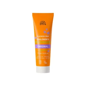 Urtekram Children's Original Toothpaste, a fluoride-free, 100% organic and vegan formula with natural ingredients like aloe vera and liquorice for gentle and effective oral care.
