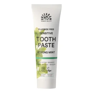 Tube of Urtekram Bio9 Strong Mint sensitive toothpaste with probiotic willow bark extract, offering natural defense, caries and plaque control, and gentle oral care.