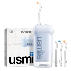 This blue Usmile portable water flosser features four cleaning modes, a long-lasting 95-day battery, and is dentist-recommended for cleaning braces, implants, and sensitive gums.