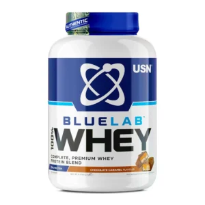This image shows a 2kg tub of USN Bluelab Whey Premium Protein in Caramel Chocolate flavor, a carefully formulated protein supplement powder packed with goodness.