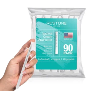 90 disposable, individually wrapped vaginal applicators made in the USA, featuring a threaded tip for accurate dosage and comfortable cream application.