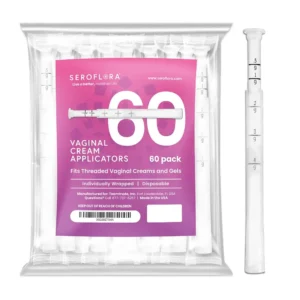 This image shows individually wrapped, disposable vaginal cream applicators with rounded tips for comfortable insertion and printed measurements for easy dosage, designed to fit threaded tubes of lubricants, creams, or gels, and made in the USA.