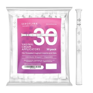 Thirty disposable vaginal cream applicators by SEROVERA, individually wrapped and made in the USA, perfect for applying creams, gels, and lubricants.